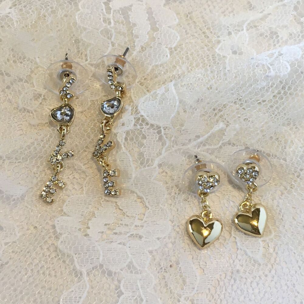 Sugar Fix Earrings Dainy Puffy Hearts Rhinestones LOVE Dangly letters Gold Tone